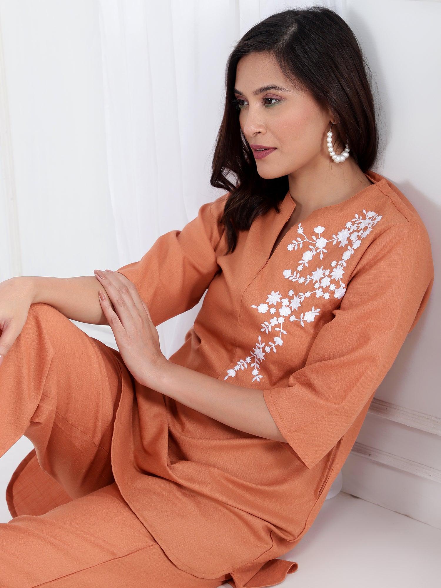 Embroidered V Neck Tunic With Trousers Co-Ords